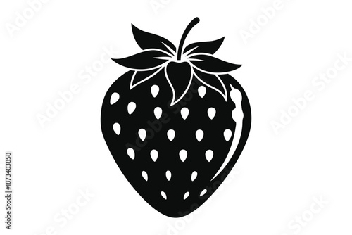 Strawberry Fruit and Leaves Silhouette - Black and White Minimalist Botanical Vector Illustration for Kitchen Decor