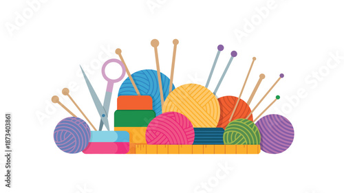 A colorful illustration of yarn balls and knitting tools on a white background
