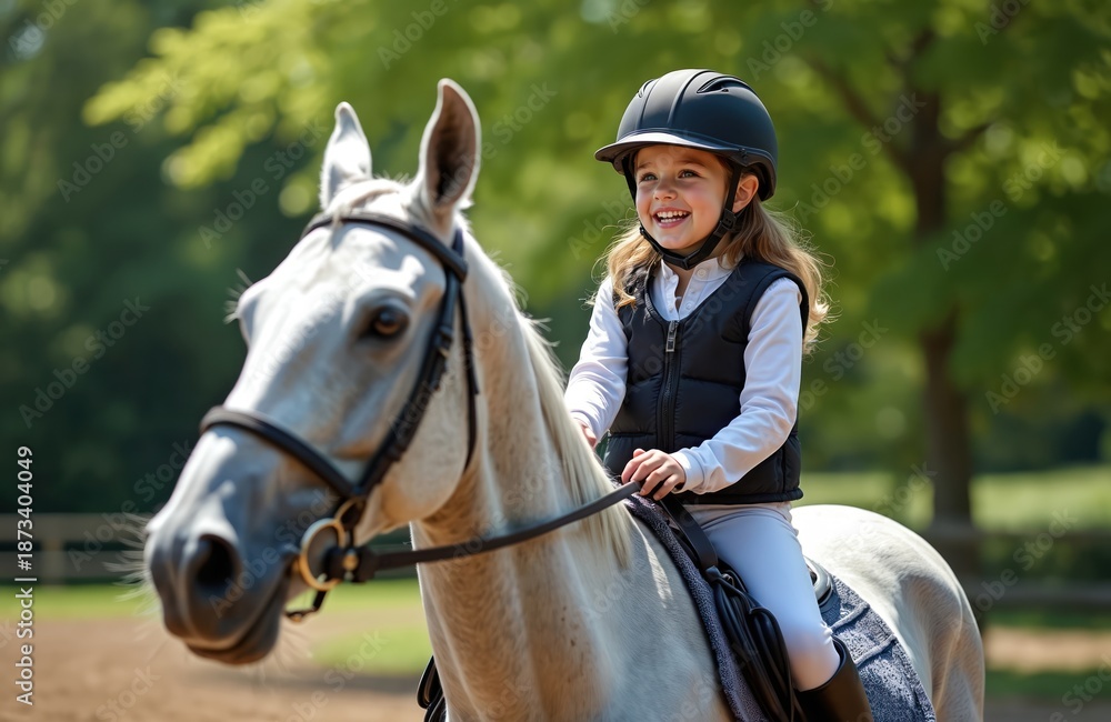 Obraz premium Happy girl wears safety helmet learning horseback riding. Kid sits on white horse smiling during equestrian lesson. Child enjoys riding sport in countryside. Equestrianism is fun activity.