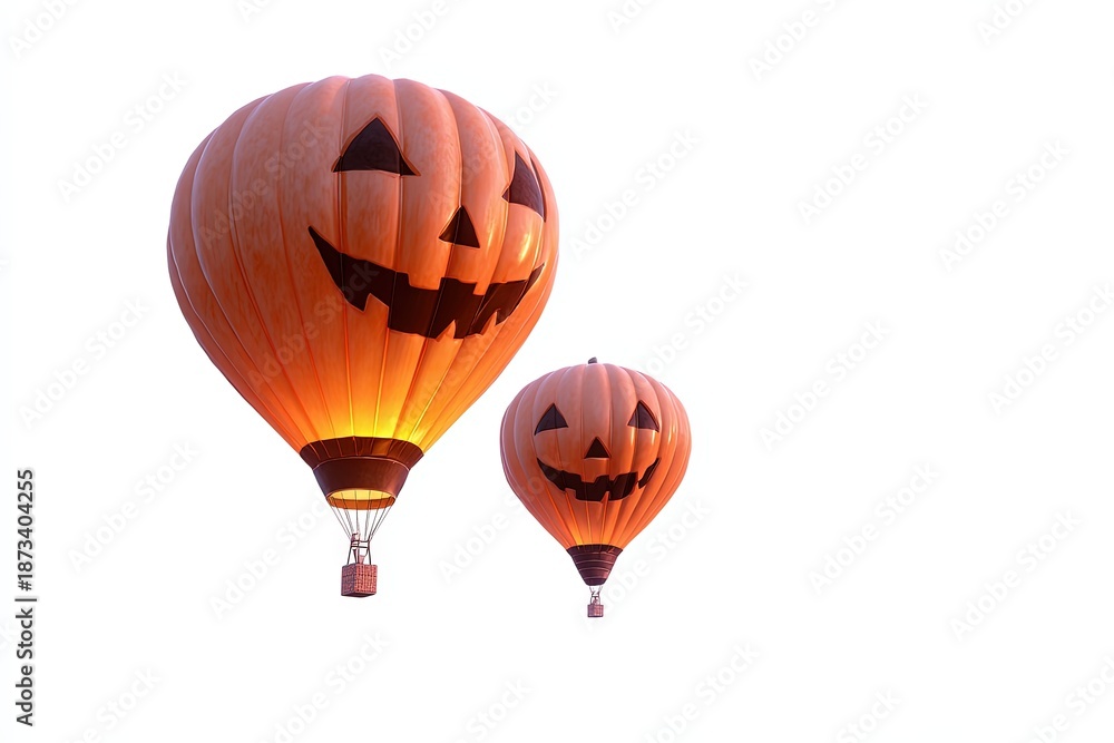 Fototapeta premium Halloween Balloon Spectacle: Two creatively designed hot air balloons, each adorned with a festive jack-o'-lantern face, ascend into the bright sky. It's a whimsical tribute to the Halloween spirit.