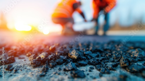 Workers repair road surface during sunset at construction site © tashechka