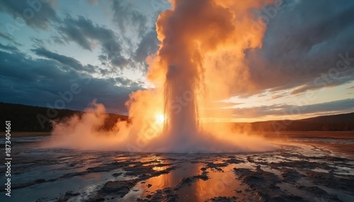 Sunset over geyser eruption with steam, sunlight, clouds. Water reflects orange glow on terrain. Natural wonder displays geothermal activity in scenic landscape. Concept for travel, power, eco