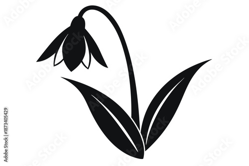 Black Snowdrop Silhouette on White Background, Delicate Spring Plant Vector Illustration for Natural Branding