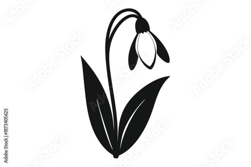 Spring Snowdrop Silhouette Icon, Black and White Floral Botanical Vector Illustration for Seasonal Announcements