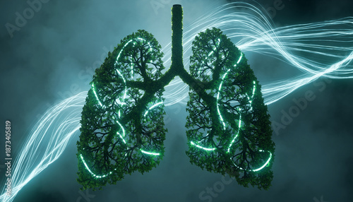 Conceptual illustration of healthy human lungs as vibrant green trees, glowing with natural energy, symbolizing vitality, sustainability, and respiratory wellness