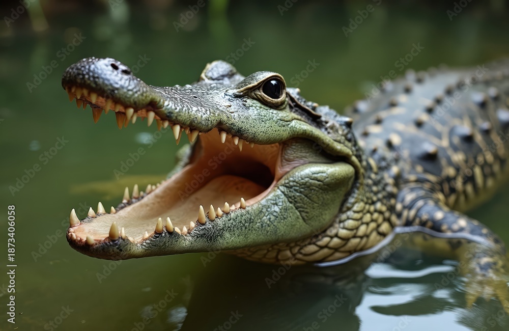 Naklejka premium Close up photo shows crocodile swimming in water with open mouth. Reptile sharp teeth are visible. Animal has rough skin and a powerful gaze at the camera.