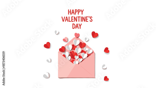 Vibrant illustration wishing a happy Valentine's Day with an open pink envelope overflowing with red and white paper hearts, symbolizing affection.
