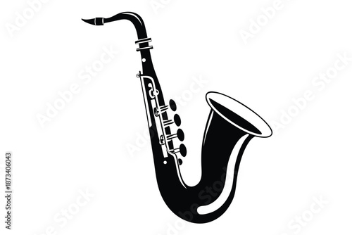 Musical saxophone silhouette, bold black and white vector graphic on a clean white background