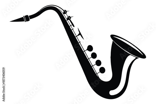 Classic saxophone silhouette, elegant black and white vector illustration on a plain white background
