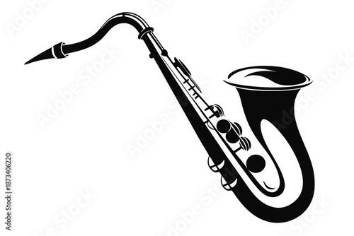 Isolated saxophone silhouette, simple jazz instrument vector, black and white graphic