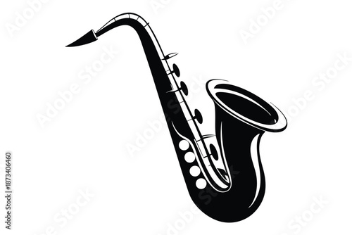 Classic saxophone silhouette in black and white, isolated on a clean white background, representing music and jazz.