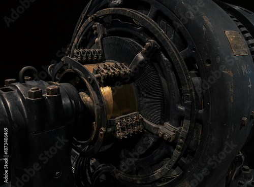 Close up of a vintage motor generator set showing copper windings, nobody
