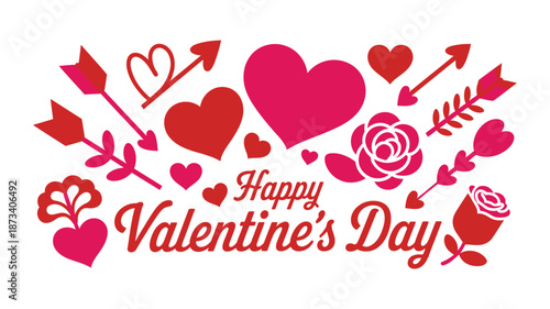 A colorful Valentine's Day graphic with hearts and roses on a white background