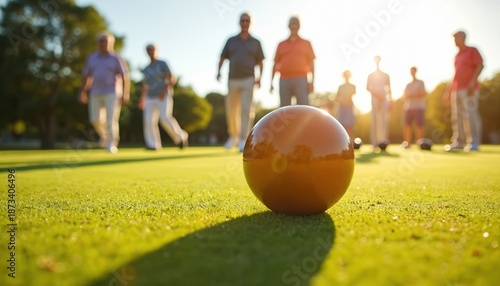 Elderly friends play lawn bowls on a bright, sunny day. Group enjoys outdoor activity and friendly competition on green grass, spending time together. © miss irine