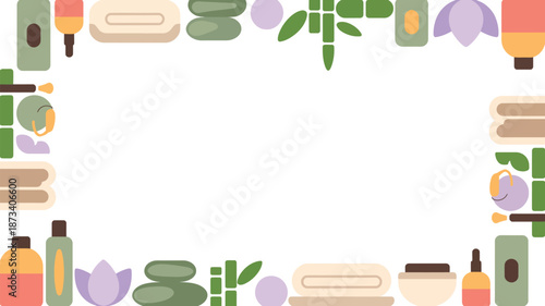 A colorful illustration of spa products and natural elements on a white background