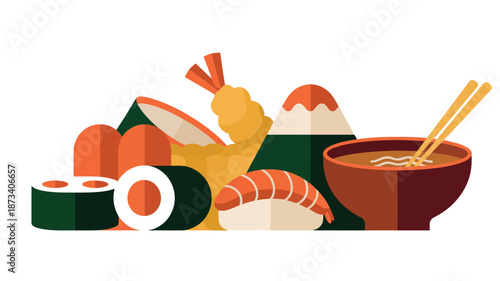 A vibrant illustration of various sushi and Japanese food items on a white background