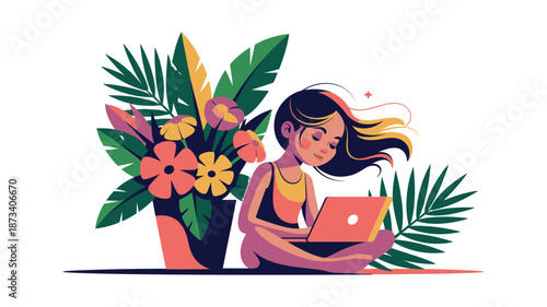 A young woman working on her laptop surrounded by tropical flowers and leaves