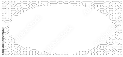 Flat microelectronics circuit board banner isolated on transparent background. The geometric texture of modern digital technology, computer, motherboard, or high-tech technology. Vector illustration
