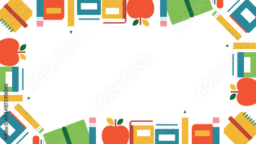 A colorful illustration of school supplies and apples on a white background