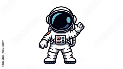A cartoon astronaut in a white spacesuit waving hello in space