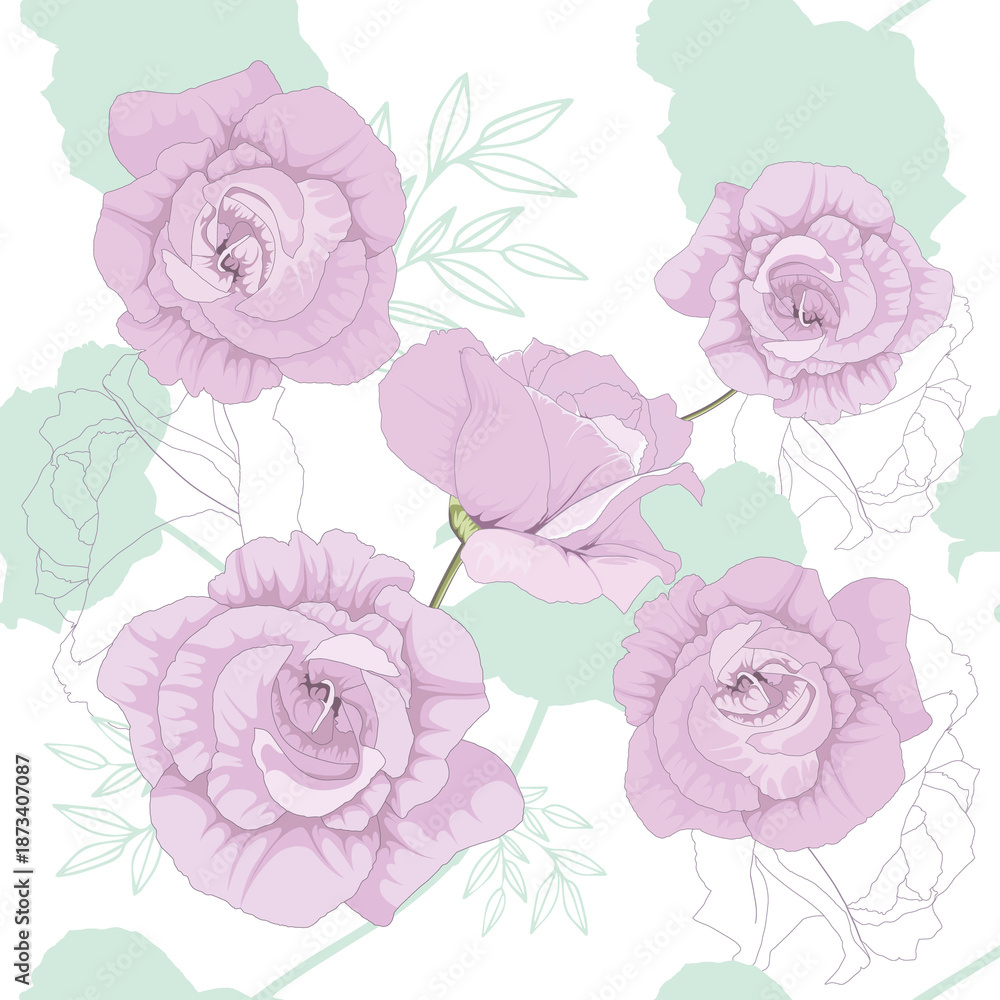 Fototapeta Pastel pink roses with soft shading on a white background, accented by light green shapes and delicate leaf outlines, seamless pattern.