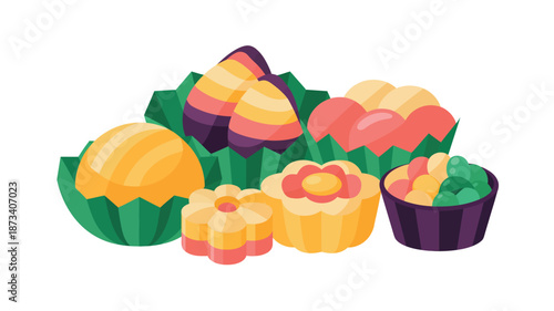 A colorful illustration of various sweet pastries and desserts on display