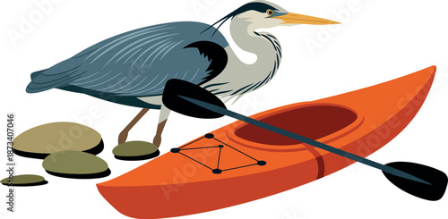 A heron stands beside an orange kayak on a rocky shore.