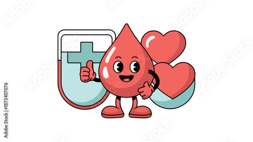 A cartoon blood drop character giving a thumbs up with a heart