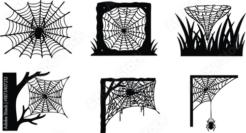 Flat design spider web icon set six corner and garden webs with hanging spider tree branch window frame grass silhouette variations in black vector ornamental collection