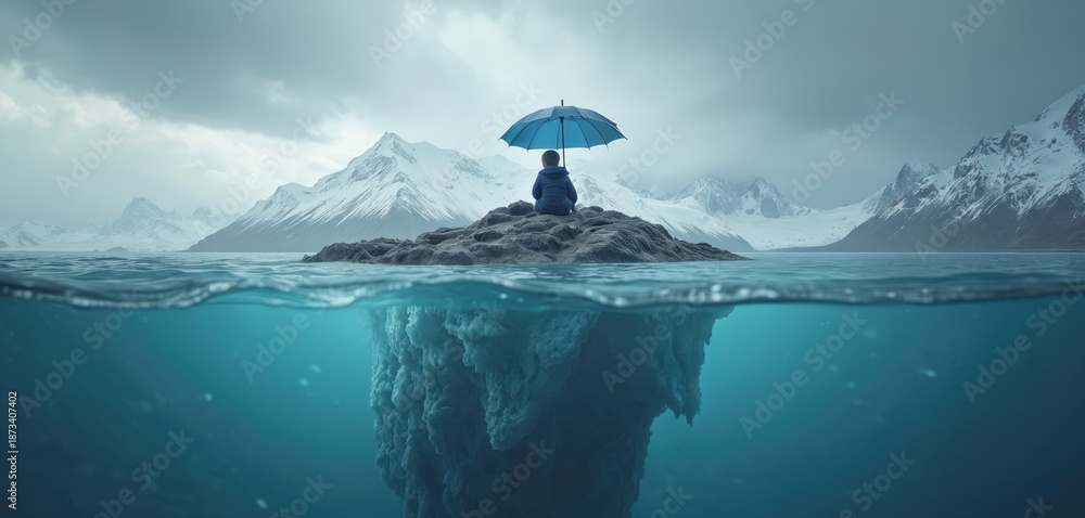 Fototapeta premium A small boy sits alone on a rock island. He holds umbrella looking at scenic landscape. Surreal scene creates mood of thought contemplation. Image symbolizes solitude nature protection.