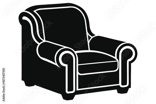 Comfortable recliner chair black and white silhouette, isolated on a clean white background, vector art for home decor.