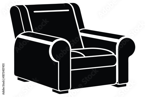 Elegant recliner chair silhouette in black and white, set against a stark white background, vector graphic.