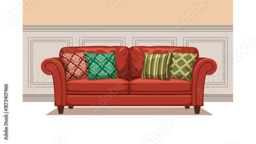 Vibrant red sofa featuring intricately patterned cushions, positioned against a classic wainscoting wall, enhancing a warm and stylish home interior.
