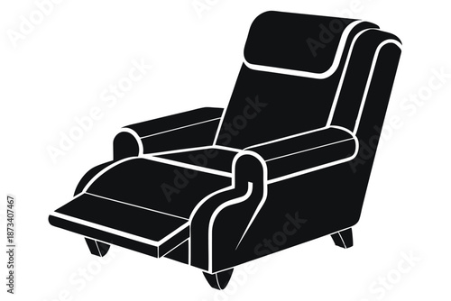 Classic recliner chair black and white silhouette, isolated on a white background, perfect for furniture illustration.