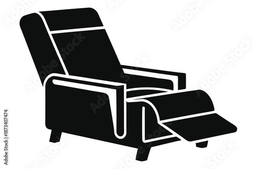 Minimalist black and white vector silhouette of a recliner chair, ideal for interior design or comfort concepts.