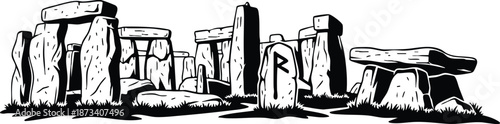 Line art close up panoramic view of stonehenge standing stones with carved rune marker in grassy plain low angle dramatic shadow contrast monument silhouette bold engraving