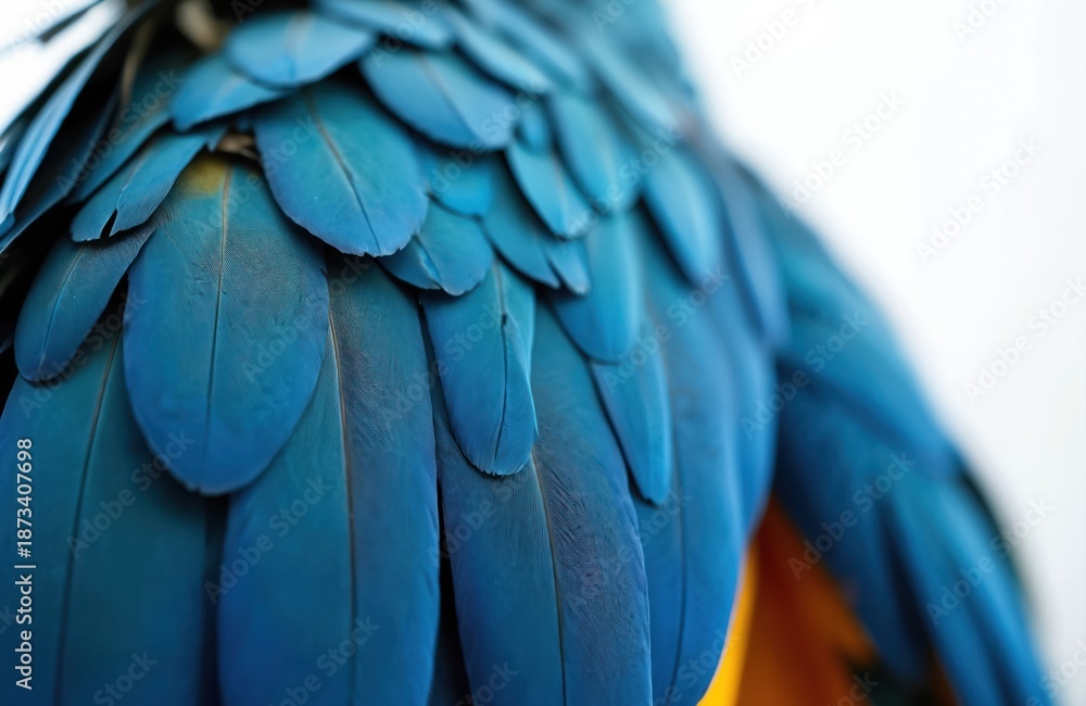 Fototapeta premium Detailed close up on blue macaw plumage. Vivid bird feathers form vibrant pattern. Tropical parrot plumage shows rich texture, colors. Exotic avian species detailed. Bright natural abstract
