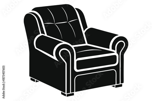 Minimalist recliner chair silhouette in black and white on a white background, clean vector for graphic use.