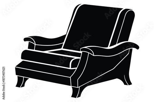 Stylized black and white recliner silhouette on a white background, vector graphic for furniture concepts