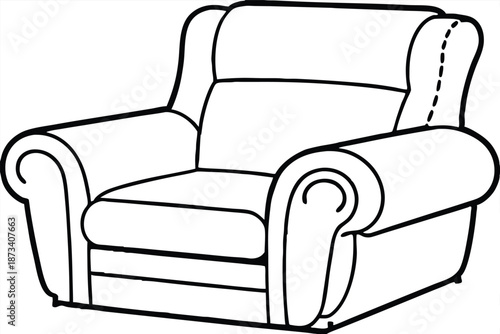 Detailed black and white line art recliner, isolated on white, ideal for interior design concept art