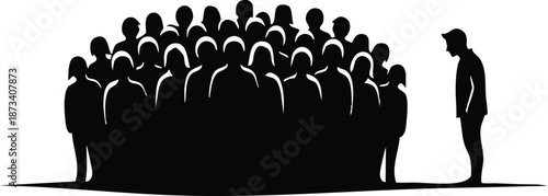 Minimalist silhouette group cluster of people with lone isolated man standing apart looking down side view black and white vector art social isolation leadership exclusion shadow