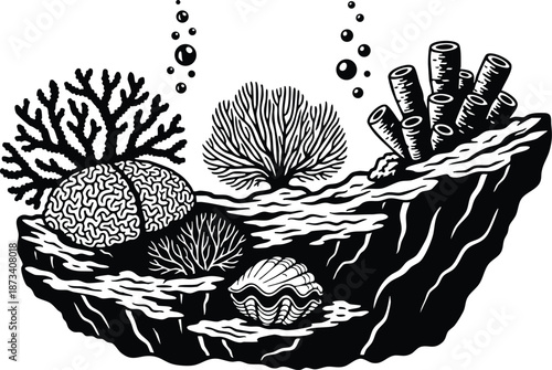Line art close up coral reef rock with brain coral shell tube sponges sea fans and bubbles in monochrome high contrast side view low angle