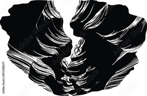 Engraving style dramatic canyon interior with layered rock striations narrow passage low angle closeup high contrast black white vector silhouette textured negative space organic lines minimal