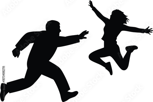 Silhouette vector dynamic low angle jump woman and running man chasing in playful urban scene high contrast flat design black figures on white background energetic motion