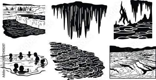 Woodcut style close up view of travertine terraces and hot spring pools with swimmers low angle black and white vector art landscape illustration textured silhouette inked
