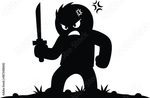 Flat silhouette angry character holding sword low angle standing on ground with grass clenched fist and furrowed brow defiant expression bold black shape isolated vector art