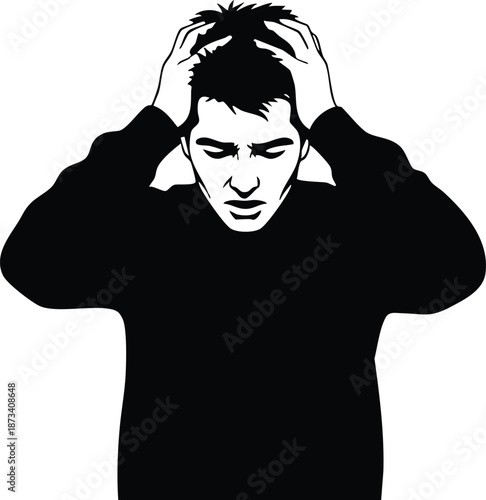 Minimalist silhouette vector of stressed man holding head with both hands looking down frontal view isolated on white background emotional anxiety concept in black line art