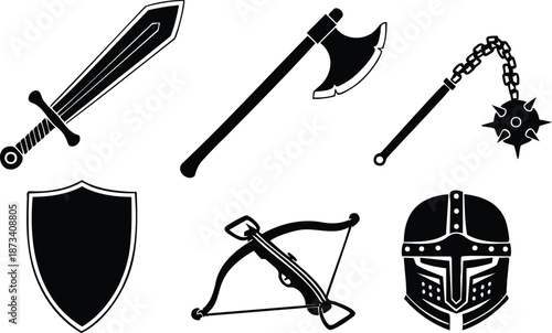 Flat vector medieval weapons icon set close up sword axe mace flail shield crossbow knight helmet black silhouette on white background bold graphic flat design style