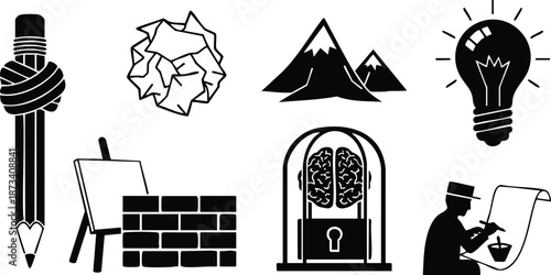 Flat design black icon set showing tied pencil crumpled paper mountains light bulb easel brick wall locked brain and draftsman drawing in minimalist vector layout collection