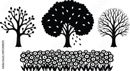 Silhouette vector set of three tree shapes and a dense flower hedge row in flat black graphic composition for landscaping icons closeup front view seasonal fall